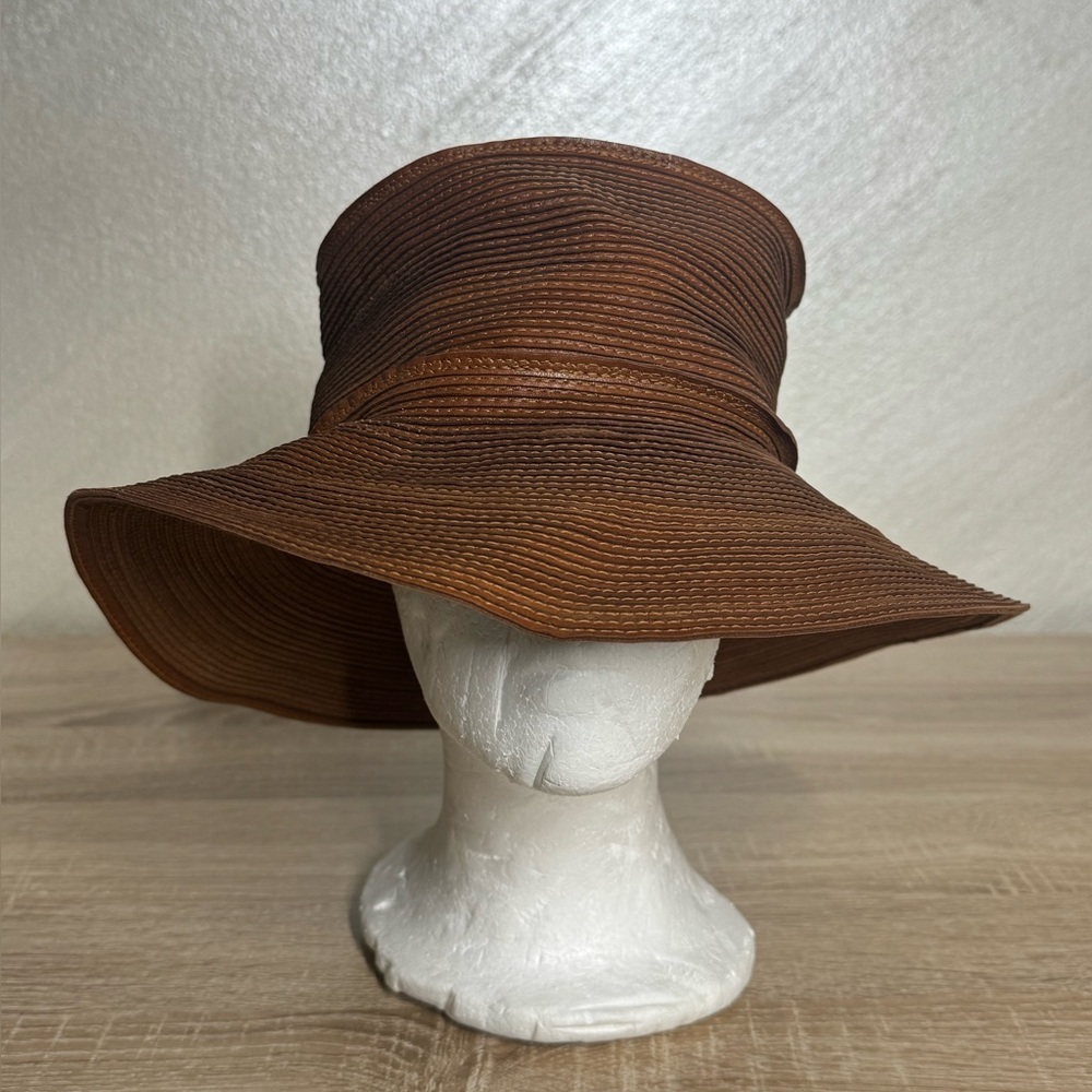 Patricia Underwood Mew York Brown Leather Vintage Fedora Corded Women Hat S/M